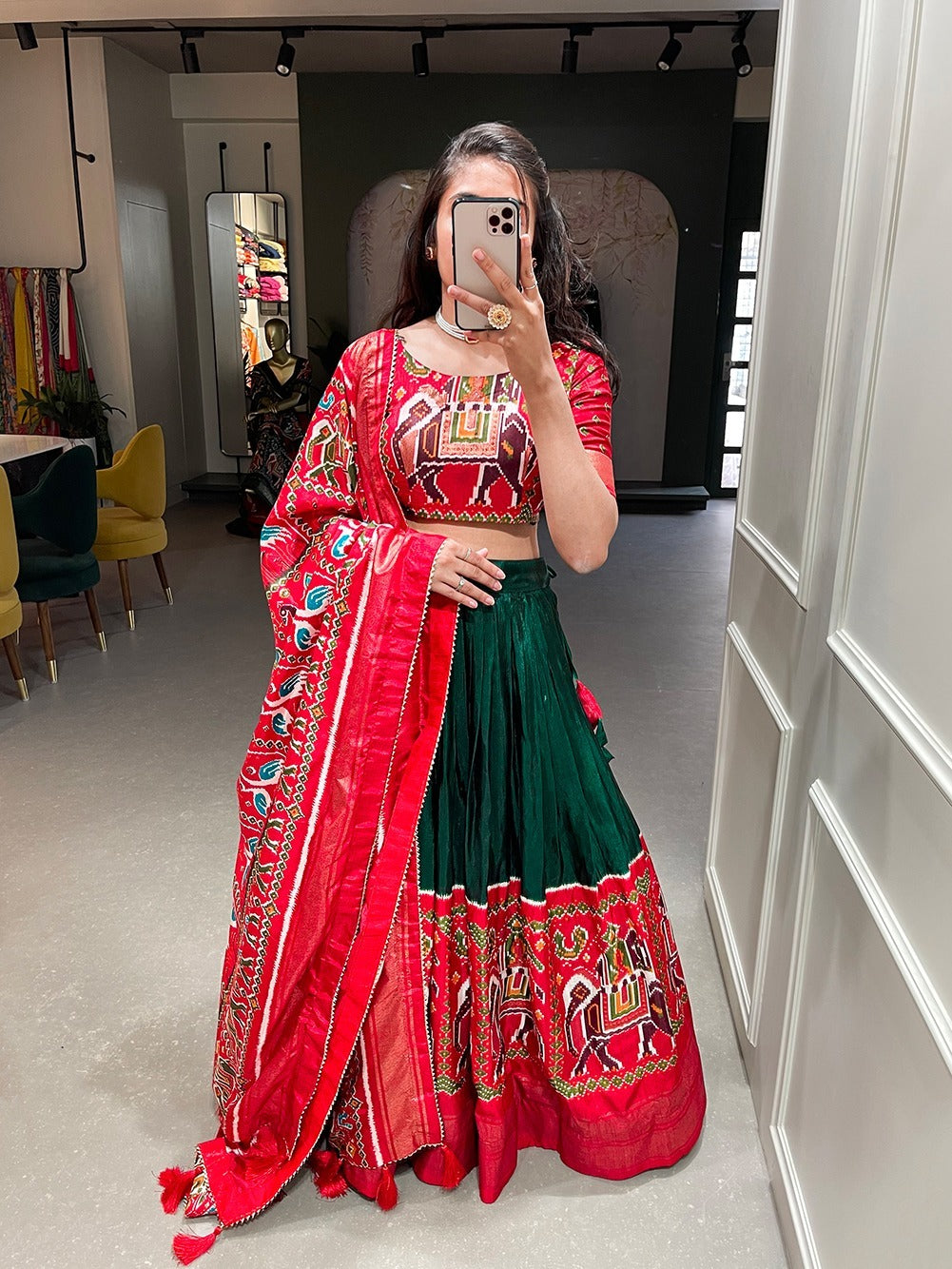 Designer Red  and Green color lehenga choli with Patola Print with foil work  wedding party wear lehenga choli with dupatta