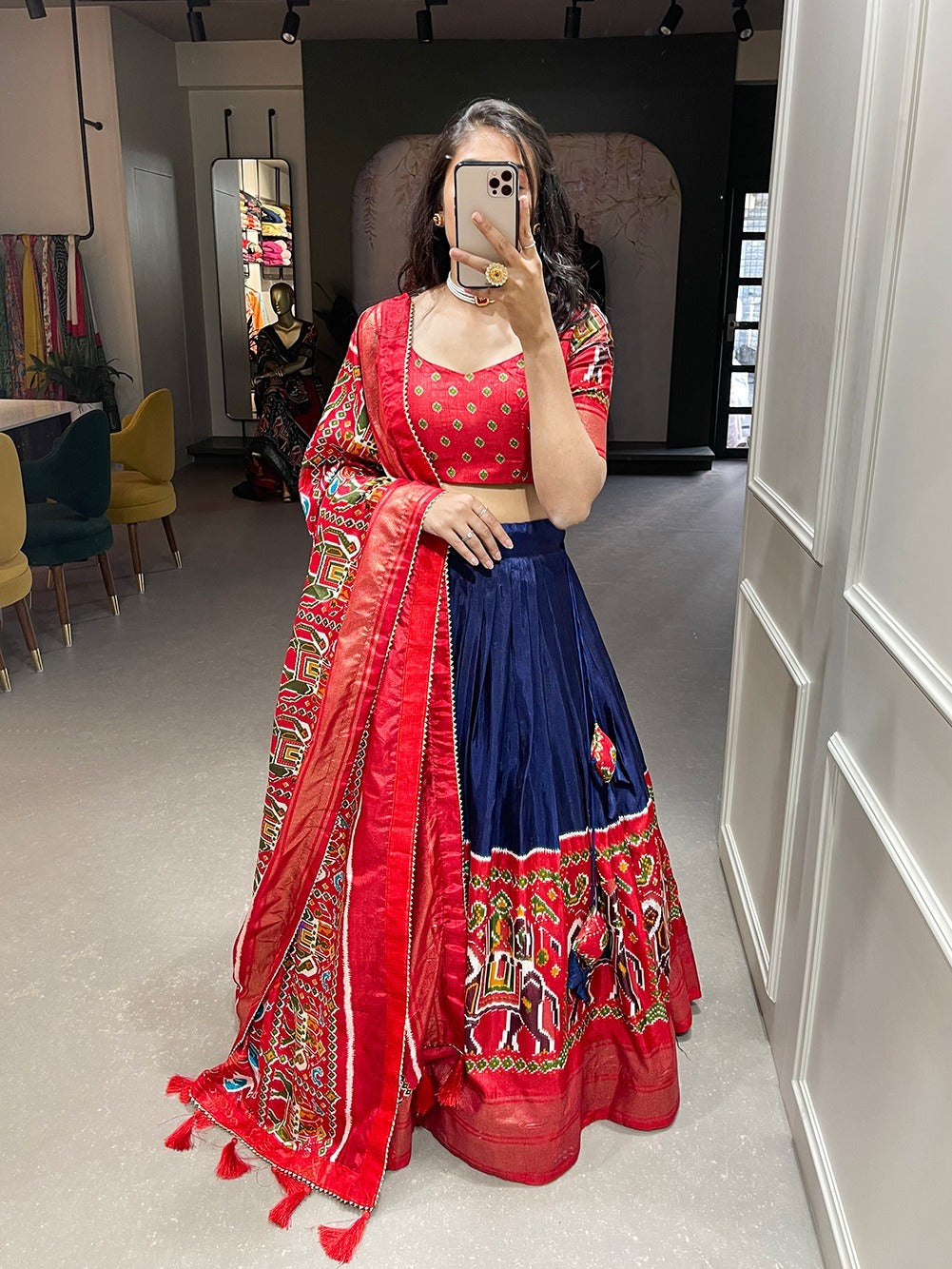 Designer Red  and Blue color lehenga choli with Patola Print with foil work  wedding party wear lehenga choli with dupatta