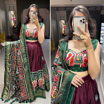 Designer Coffee  and Green color lehenga choli with Patola Print with foil work  wedding party wear lehenga choli with dupatta