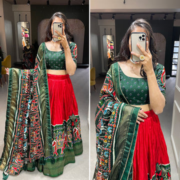 Designer Orange and Green color lehenga choli with Patola Print with foil work  wedding party wear lehenga choli with dupatta