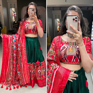 Designer Red  and Green color lehenga choli with Patola Print with foil work  wedding party wear lehenga choli with dupatta