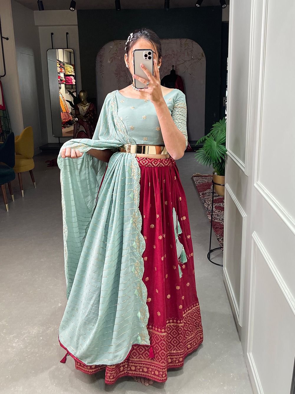 SKy Blue and Red color lehenga choli with  Sequins ,Thread ,Embroidery Work  wedding party wear lehenga choli with dupatta