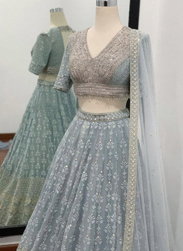 Grey color lehenga choli with  Heavy Thread Sequence Embroidery Work  wedding party wear lehenga choli with dupatta