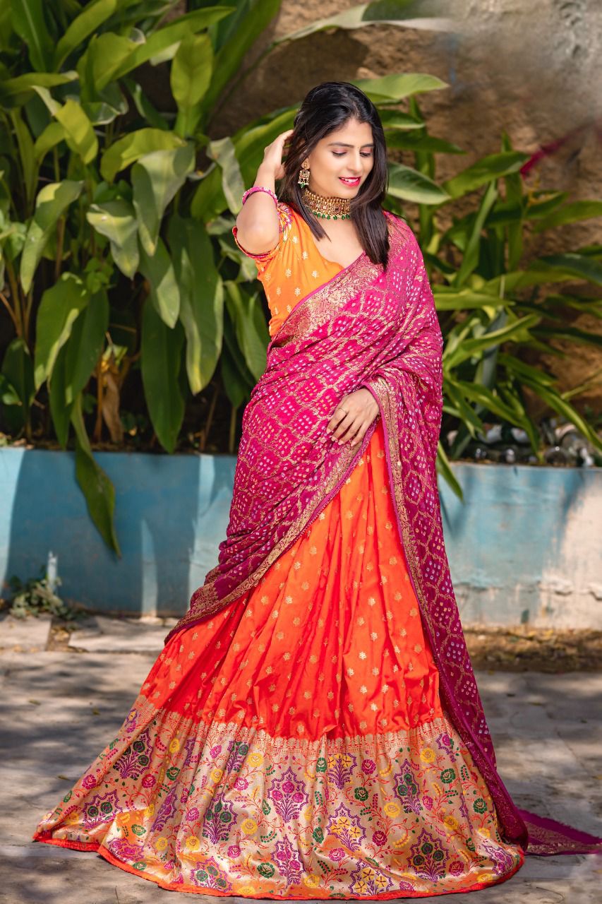 Orange color lehenga choli with  Weaving Zari Work  wedding party wear lehenga choli with dupatta