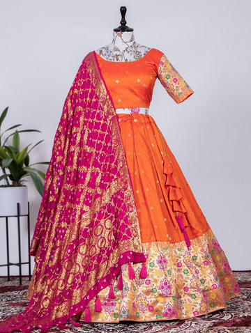 Orange color lehenga choli with  Weaving Zari Work  wedding party wear lehenga choli with dupatta