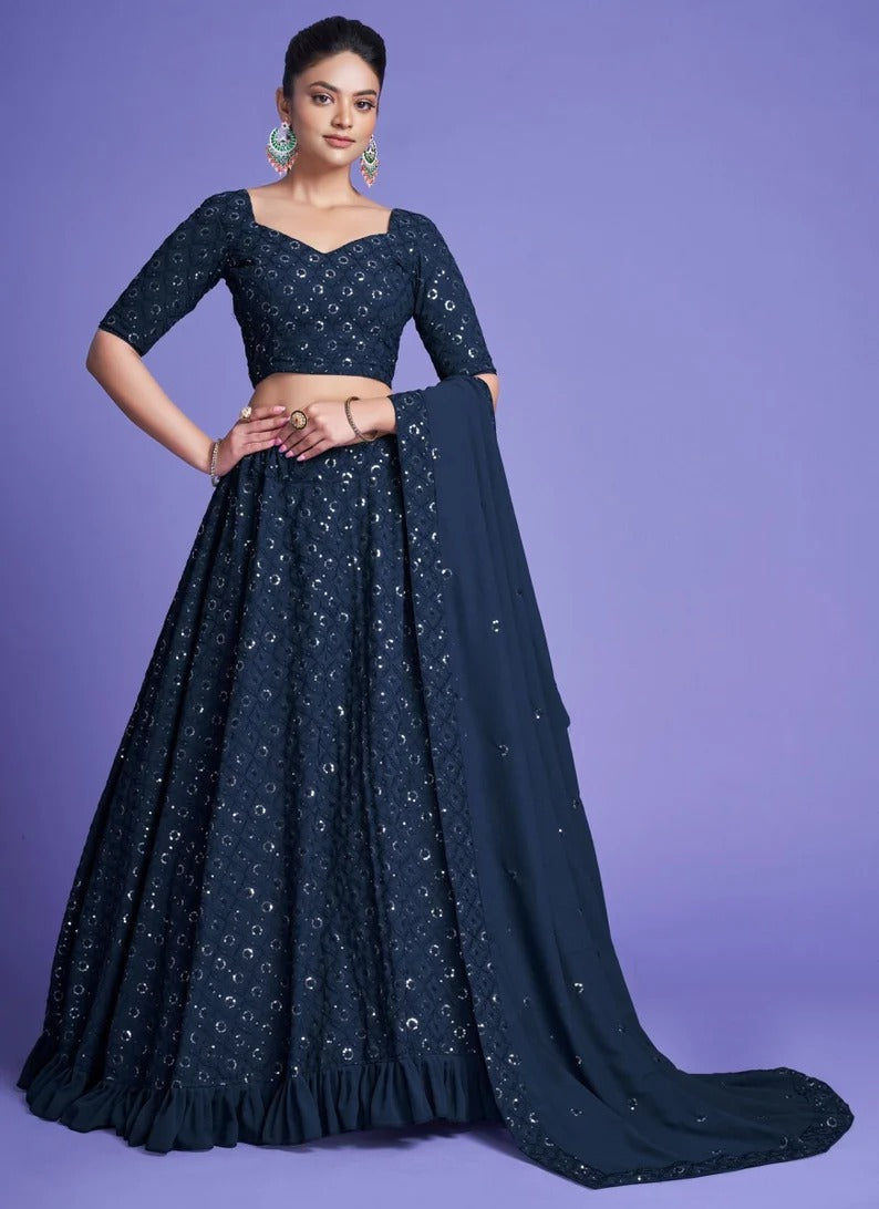 Navy Blue Color lehenga choli with Sequence, Zari,Dori Embroidery Work wedding party wear lehenga choli with dupatta