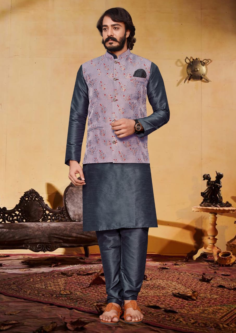 Grey Silk Mens Kurta Pajama Indian Wedding Party Wear Embroidery Kurtas