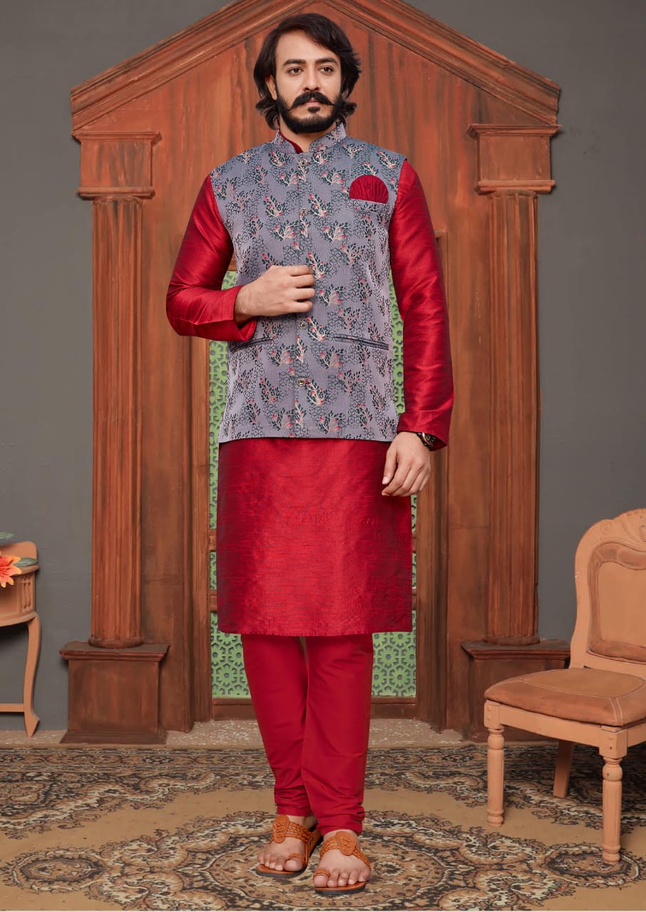 Red Silk Mens Kurta Pajama Indian Wedding Party Wear Embroidery Kurtas