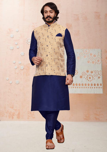 Blue Silk Mens Kurta Pajama Indian Wedding Party Wear Embroidery Kurtas