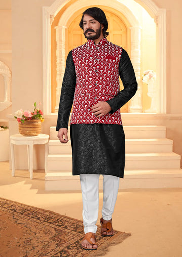 Black Silk Mens Kurta Pajama Indian Wedding Party Wear Embroidery Kurtas