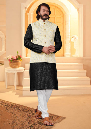 Black Silk Mens Kurta Pajama Indian Wedding Party Wear Embroidery Kurtas