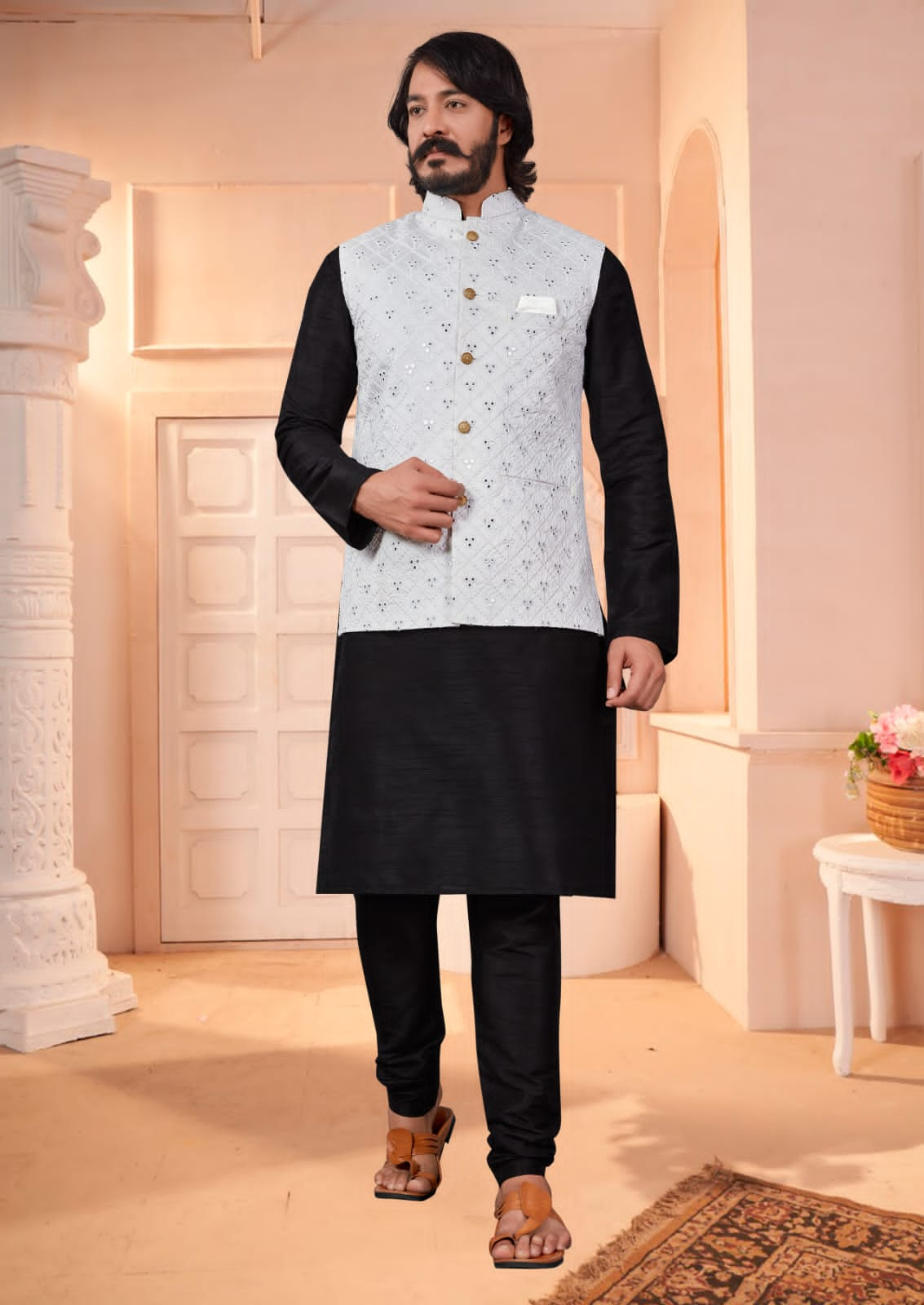 Black Silk Mens Kurta Pajama Indian Wedding Party Wear Embroidery Kurtas