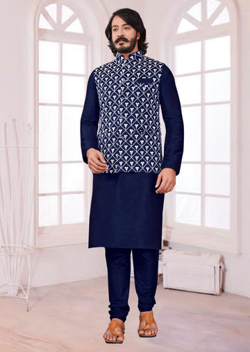 Blue  Silk Mens Kurta Pajama Indian Wedding Party Wear Embroidery Kurtas