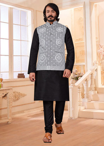 Black Silk Mens Kurta Pajama Indian Wedding Party Wear Embroidery Kurtas