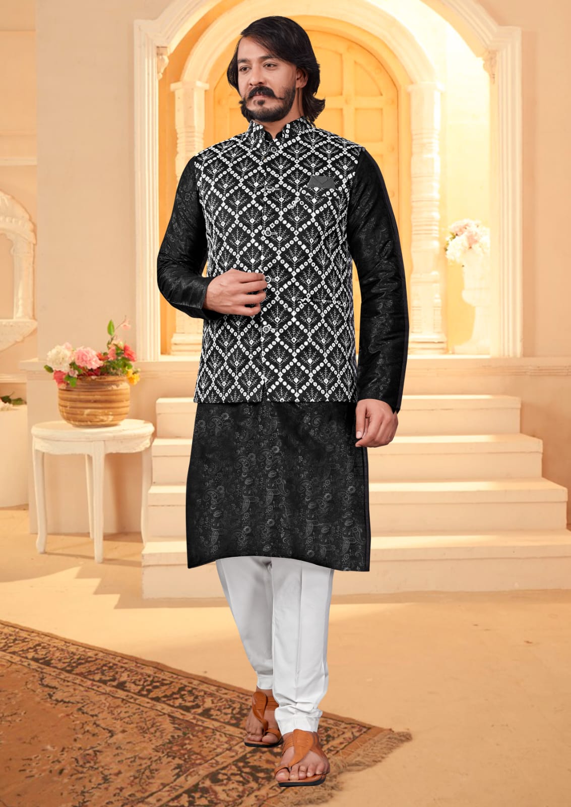 Black Silk Mens Kurta Pajama Indian Wedding Party Wear Embroidery Kurtas