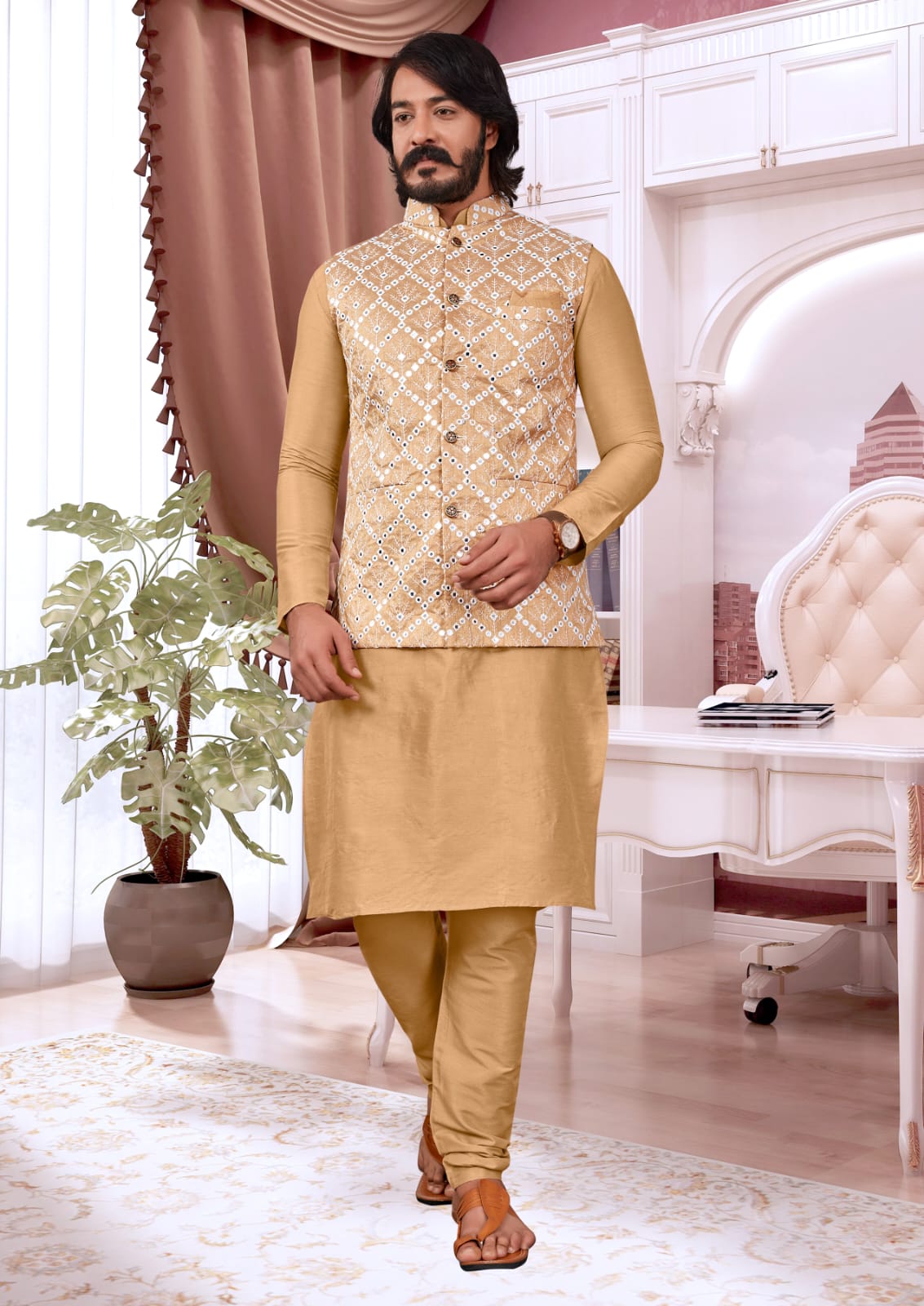 Beige Silk Mens Kurta Pajama Indian Wedding Party Wear Embroidery Kurtas