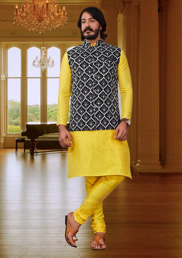 Yellow Silk Mens Kurta Pajama Indian Wedding Party Wear Embroidery Kurtas