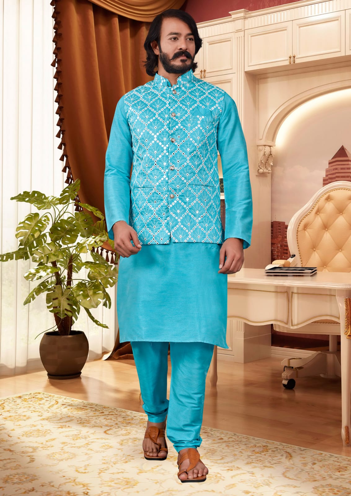 Sky Blue Silk Mens Kurta Pajama Indian Wedding Party Wear Embroidery Kurtas