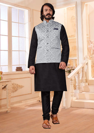 Black  Silk Mens Kurta Pajama Indian Wedding Party Wear Embroidery Kurtas