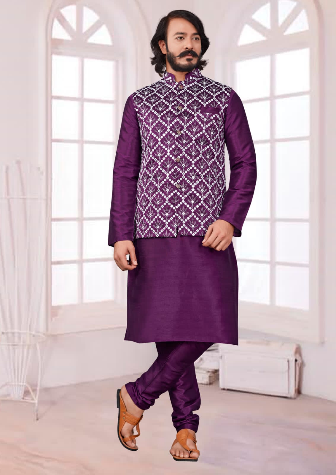 Purple Silk Mens Kurta Pajama Indian Wedding Party Wear Embroidery Kurtas