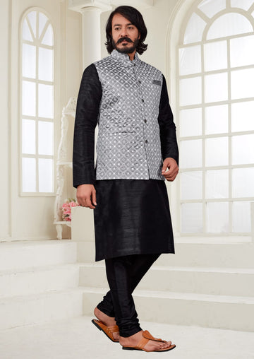 Black Silk Mens Kurta Pajama Indian Wedding Party Wear Embroidery Kurtas