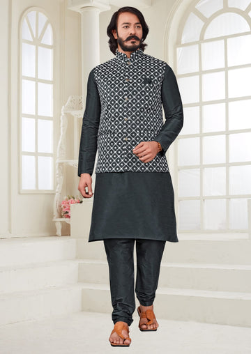 Black Silk Mens Kurta Pajama Indian Wedding Party Wear Embroidery Kurtas