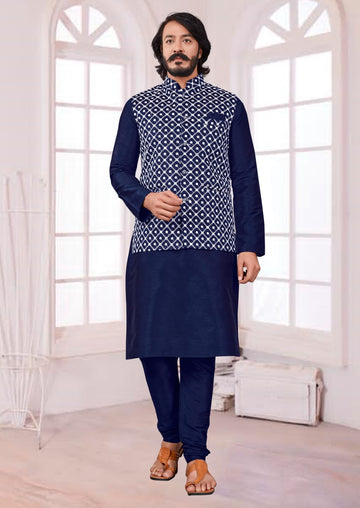 Blue  Silk Mens Kurta Pajama Indian Wedding Party Wear Embroidery Kurtas