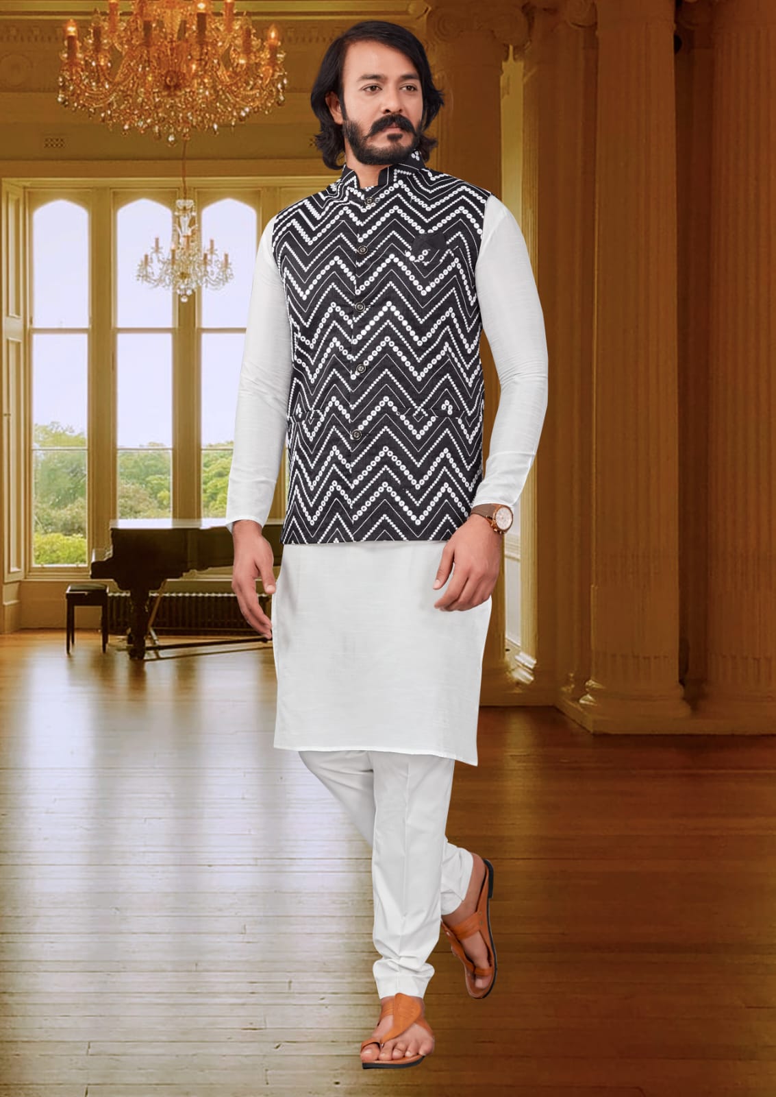 White Silk Mens Kurta Pajama Indian Wedding Party Wear Embroidery Kurtas