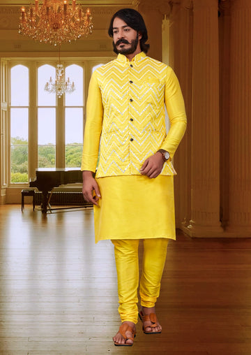 Yellow  Silk Mens Kurta Pajama Indian Wedding Party Wear Embroidery Kurtas