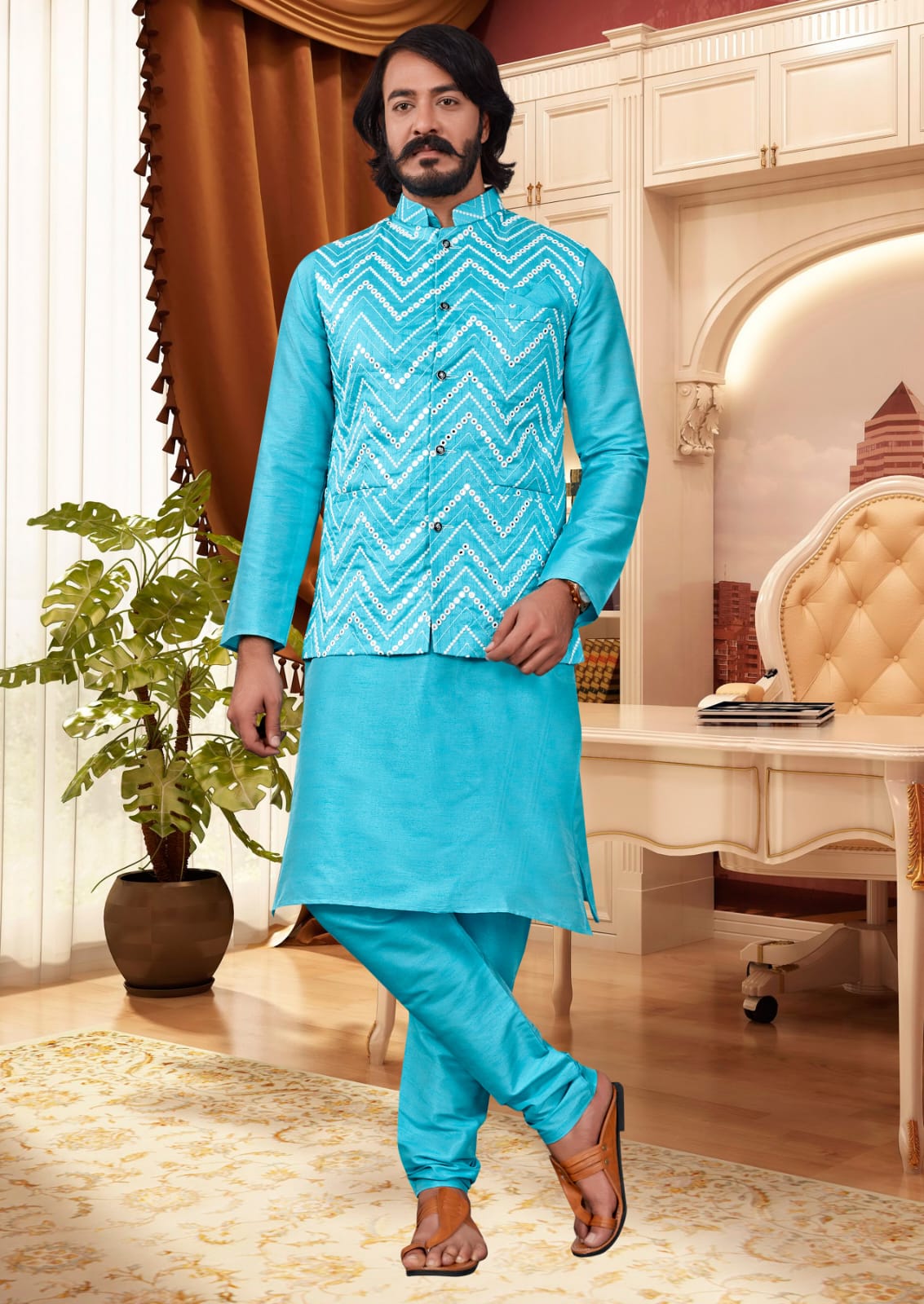Sky Blue  Silk Mens Kurta Pajama Indian Wedding Party Wear Embroidery Kurtas