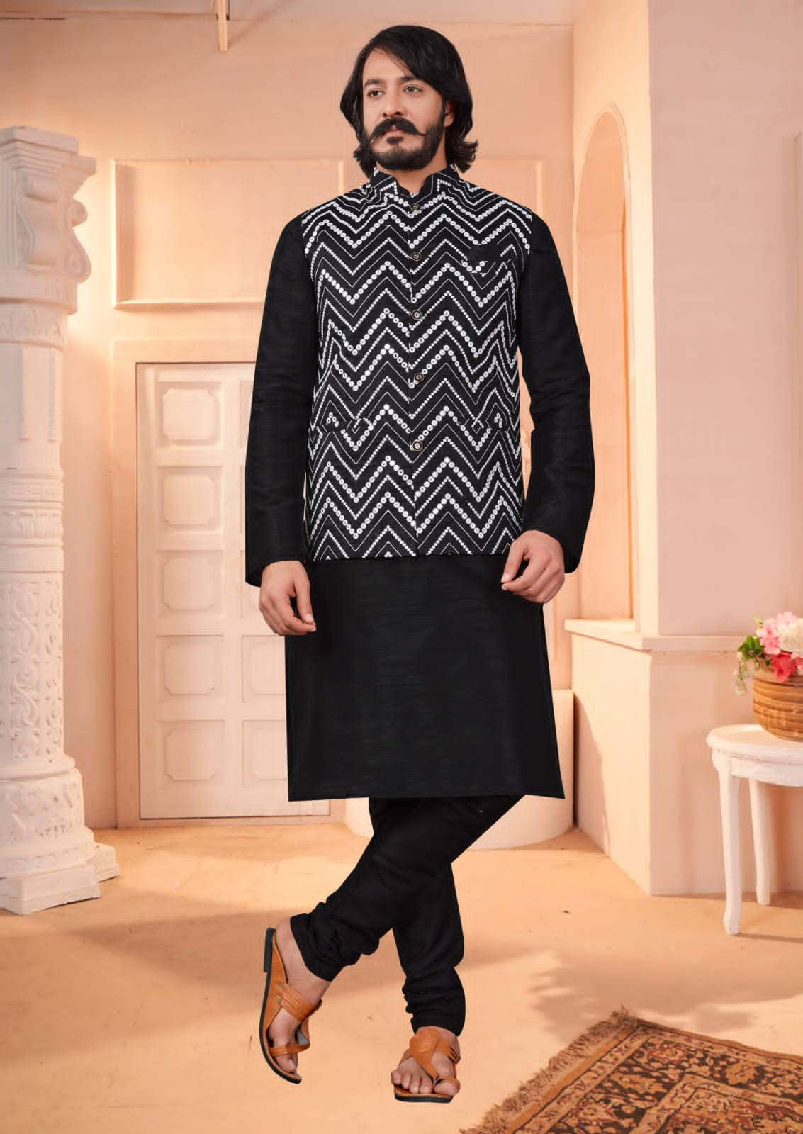 Black Silk Mens Kurta Pajama Indian Wedding Party Wear Embroidery Kurtas