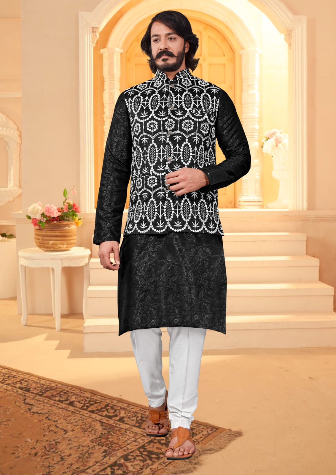 Black Silk Mens Kurta Pajama Indian Wedding Party Wear Embroidery Kurtas