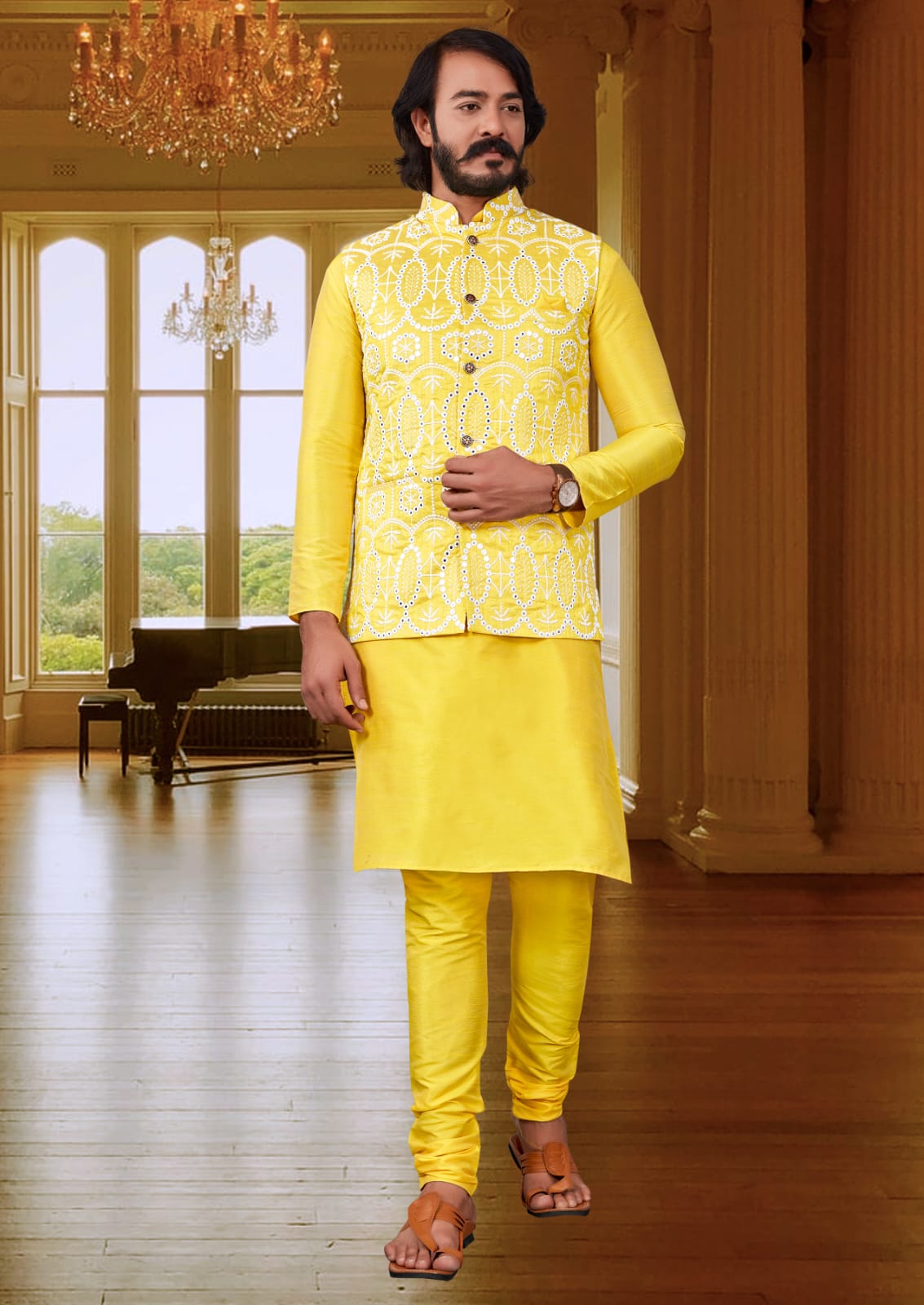 Yellow Silk Mens Kurta Pajama Indian Wedding Party Wear Embroidery Kurtas