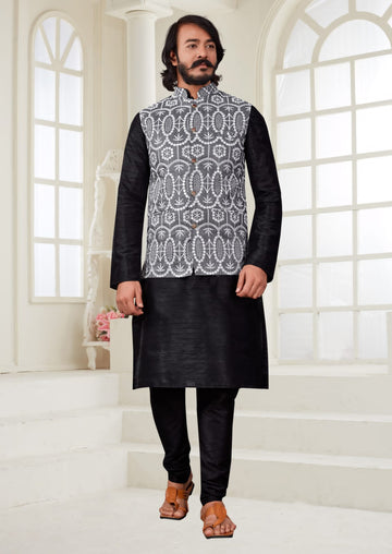 Black Silk Mens Kurta Pajama Indian Wedding Party Wear Embroidery Kurtas