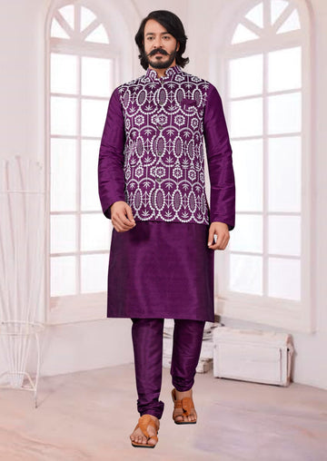 Purple Silk Mens Kurta Pajama Indian Wedding Party Wear Embroidery Kurtas