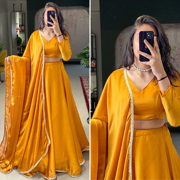 Yellow   Color lehenga choli with Plain with lace border  wedding party wear lehenga choli with dupatta