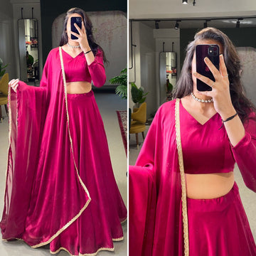 Pink  Color lehenga choli with Plain with lace border  wedding party wear lehenga choli with dupatta