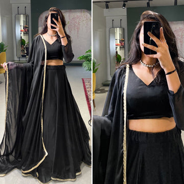 Black  Color lehenga choli with Plain with lace border  wedding party wear lehenga choli with dupatta