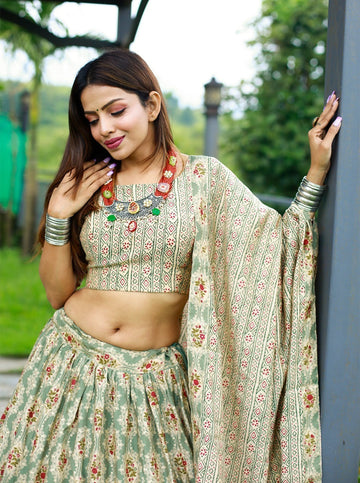 Pista Green  Color lehenga choli with  Printed With Foil  wedding party wear lehenga choli with dupatta