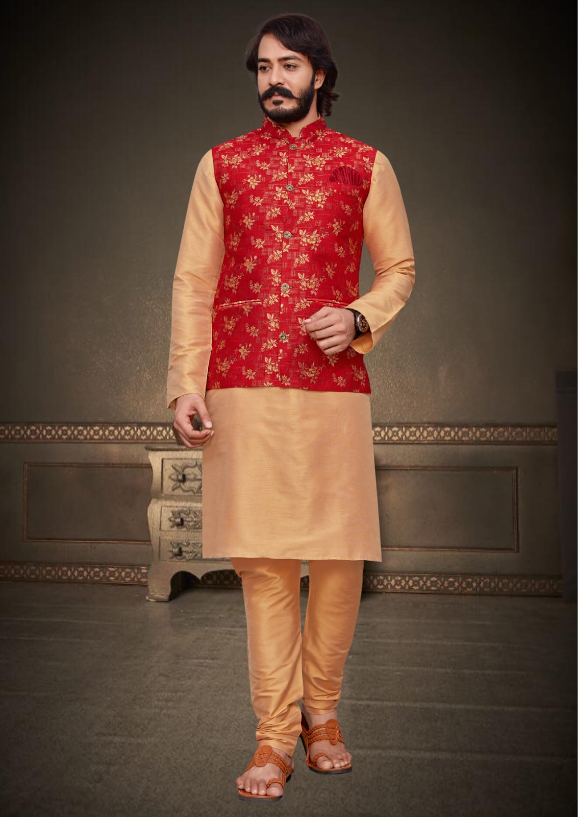 Orange Silk Mens Kurta Pajama Indian Wedding Party Wear Embroidery Kurtas