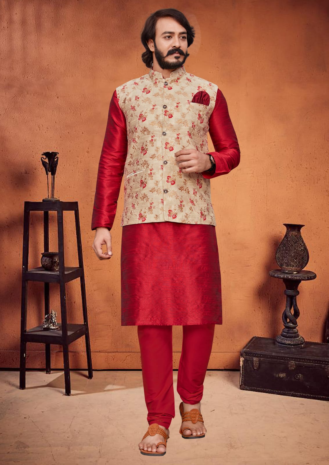 Red  Silk Mens Kurta Pajama Indian Wedding Party Wear Embroidery Kurtas