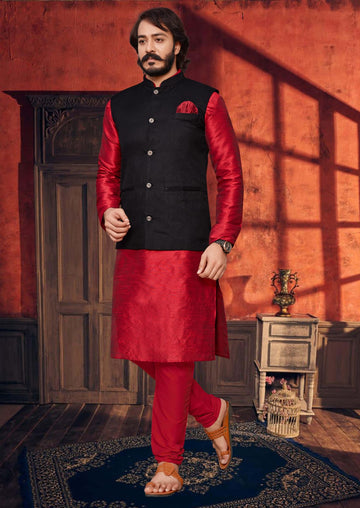 Red  Silk Mens Kurta Pajama Indian Wedding Party Wear Embroidery Kurtas