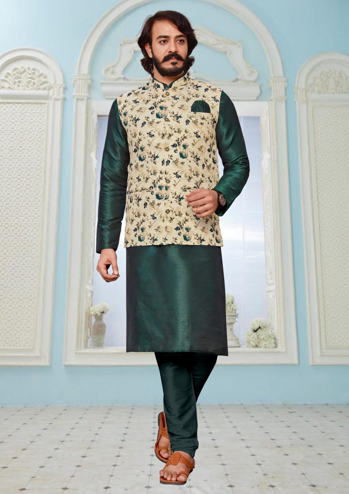Green Silk Mens Kurta Pajama Indian Wedding Party Wear Embroidery Kurtas