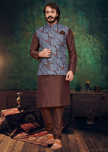 Coffee Silk Mens Kurta Pajama Indian Wedding Party Wear Embroidery Kurtas