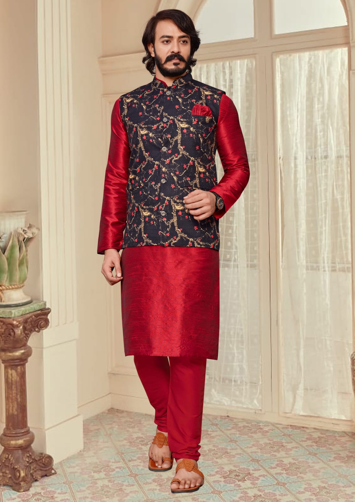 Red Silk Mens Kurta Pajama Indian Wedding Party Wear Embroidery Kurtas