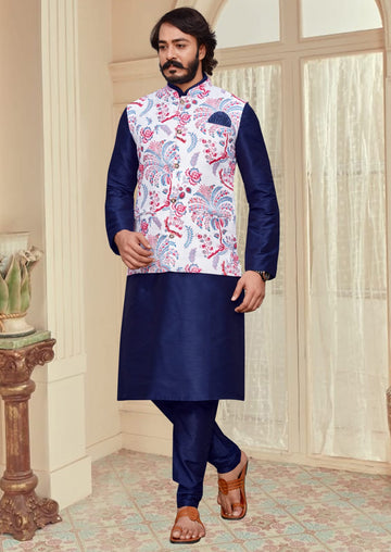 Blue  Silk Mens Kurta Pajama Indian Wedding Party Wear Embroidery Kurtas