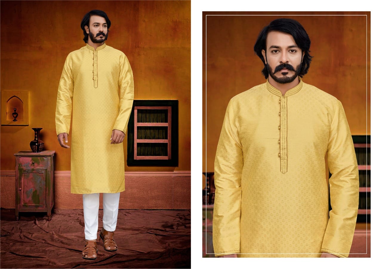 Yellow  Silk Mens Kurta Pajama Indian Wedding Party Wear Embroidery Kurtas