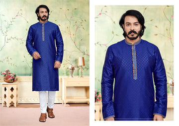 Blue Silk Mens Kurta Pajama Indian Wedding Party Wear Embroidery Kurtas