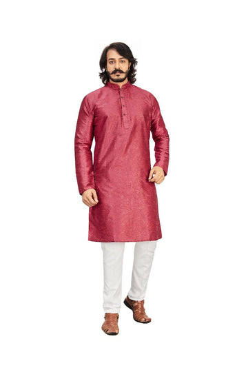 Pink Silk Mens Kurta Pajama Indian Wedding Party Wear Embroidery Kurtas