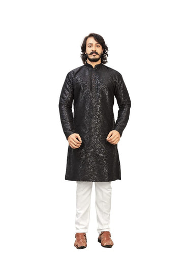 Black Silk Mens Kurta Pajama Indian Wedding Party Wear Embroidery Kurtas